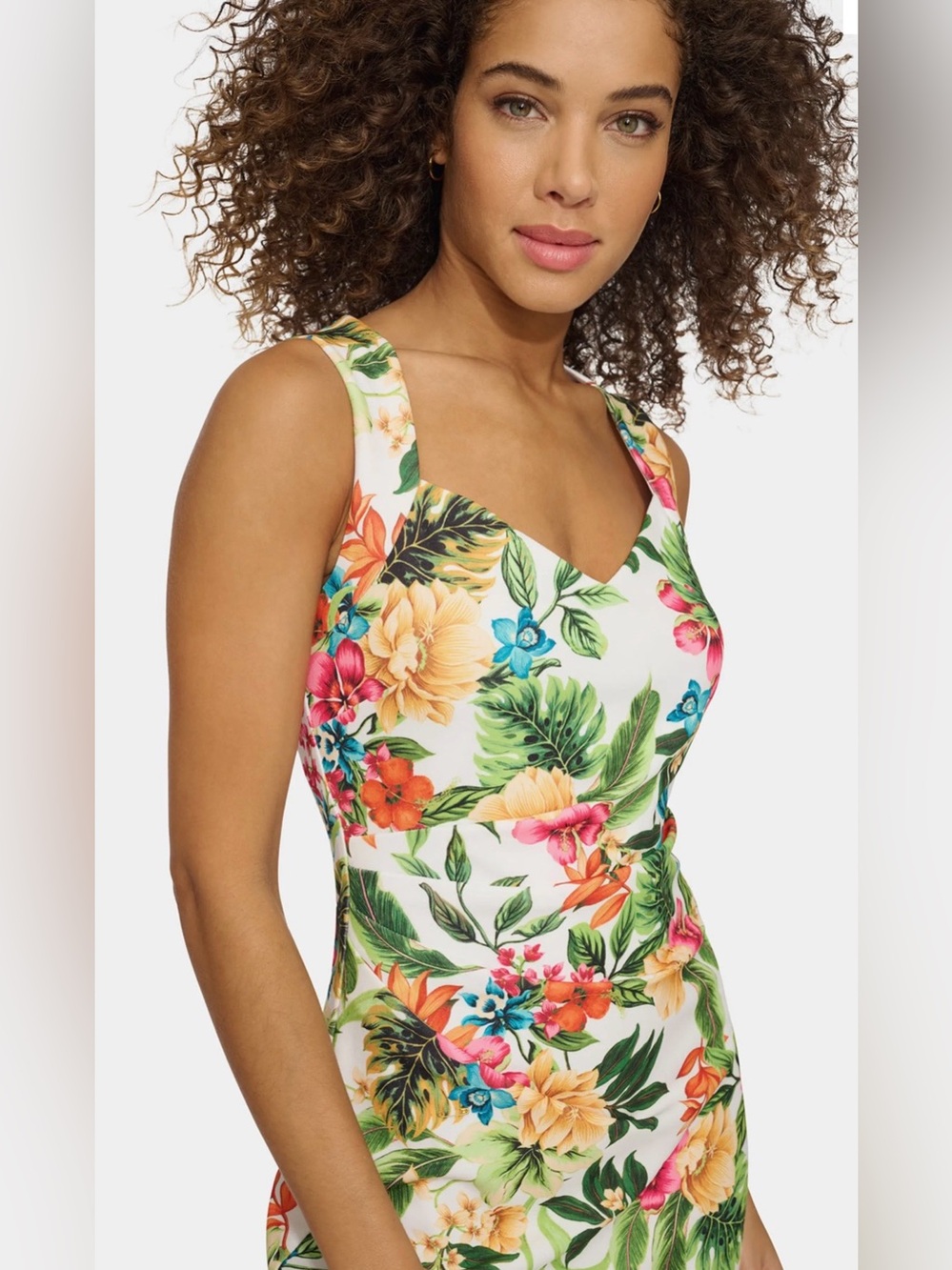Siena Floral Sweetheart-Neck Mini Dress White with Multicolor Tropical Print